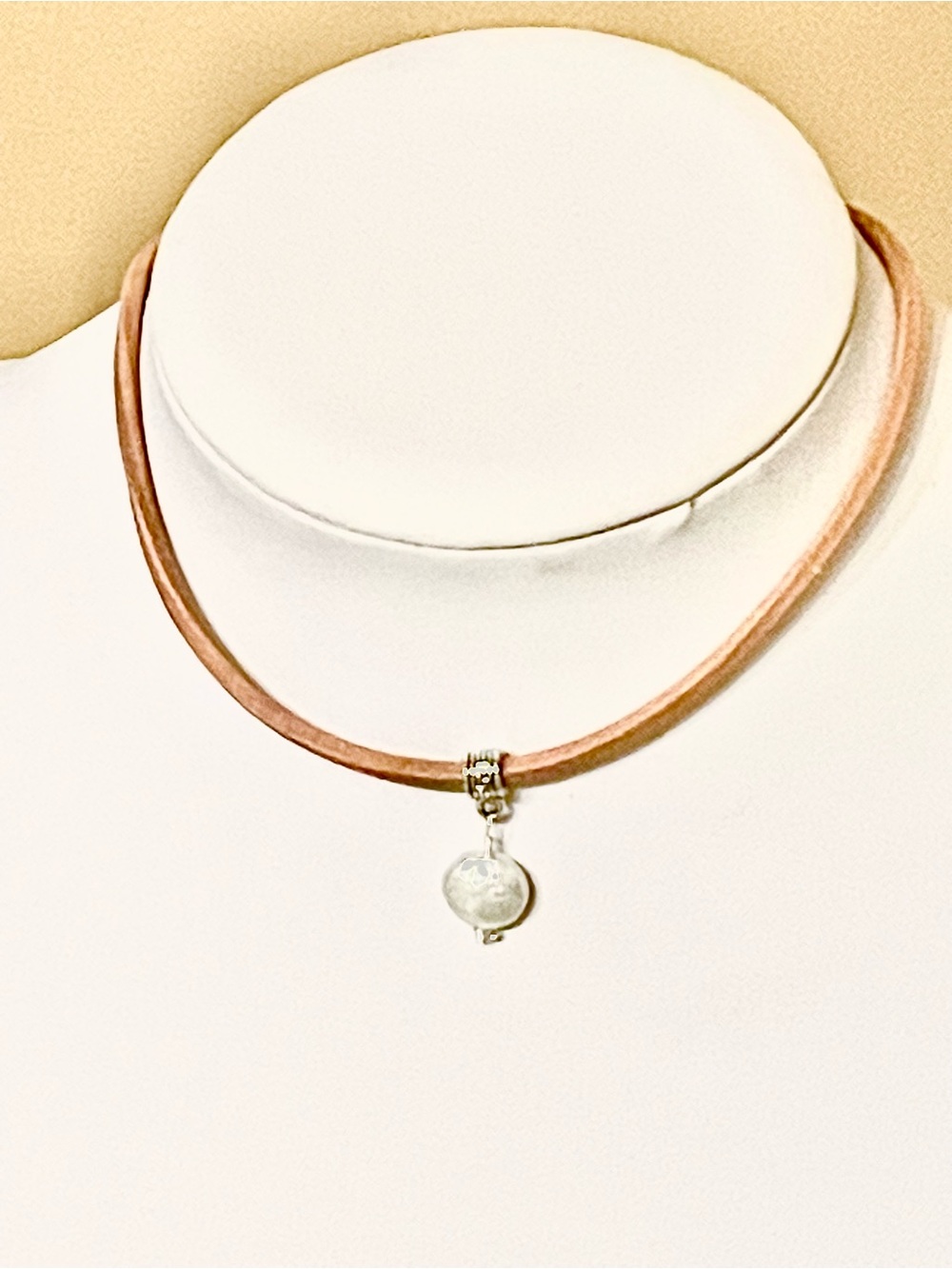 Tan Leather Choker Necklace with Pearl Pendant